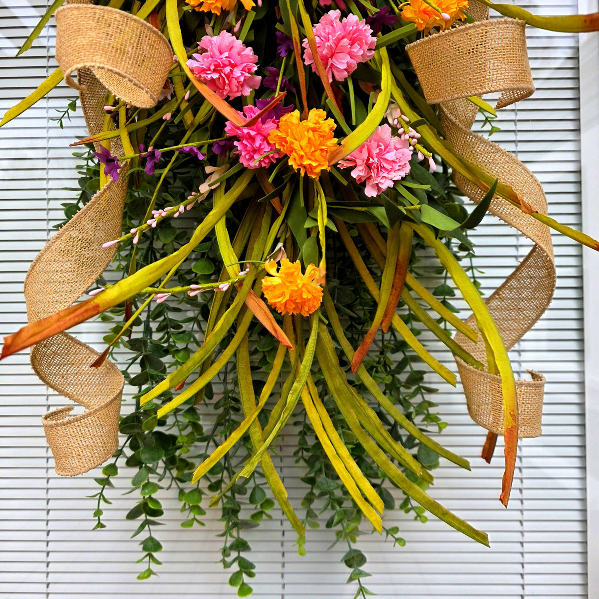 Spring Summer Door Swag, Eucalyptus Wildflower Teardrop Wreath, Pink Yellow Front Door Decor, Farmhouse Porch Swag, Double Door Wreaths