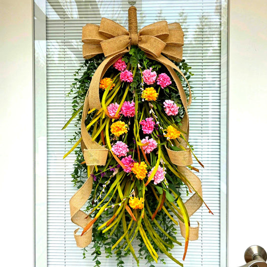 Spring Summer Door Swag, Eucalyptus Wildflower Teardrop Wreath, Pink Yellow Front Door Decor, Farmhouse Porch Swag, Double Door Wreaths