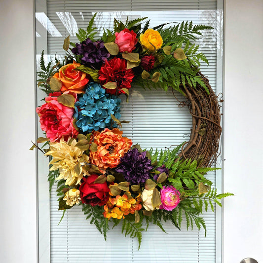 Colorful Spring Summer Wreath For Front Door Decor, Double Door Wreaths, Outdoor Rustic Farmhouse Floral Decoration, Front Porch Decor, Gift