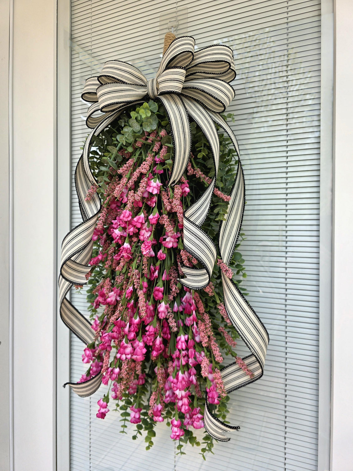 Spring Summer Wreath For Front Door Decor, Outdoor Pink Wildflower Floral Teardrop Swag, Double Door Wreaths, Unique Farmhouse Porch Decor