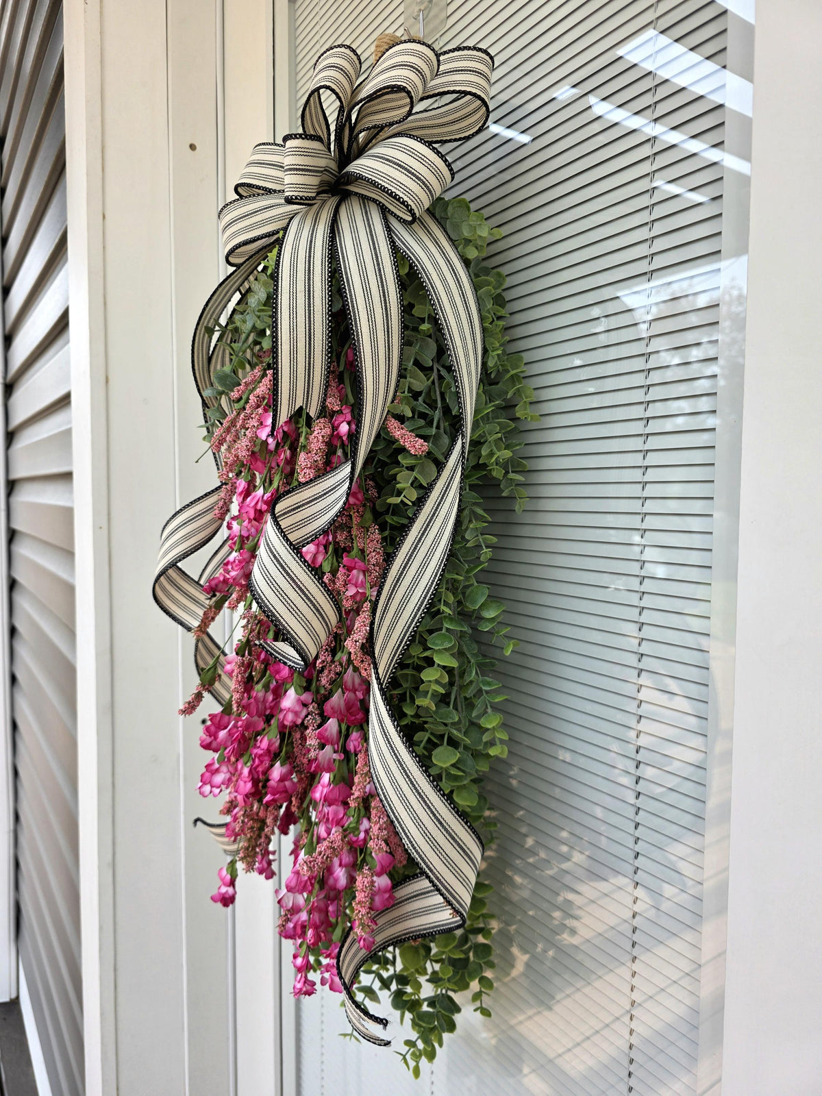 Spring Summer Wreath For Front Door Decor, Outdoor Pink Wildflower Floral Teardrop Swag, Double Door Wreaths, Unique Farmhouse Porch Decor