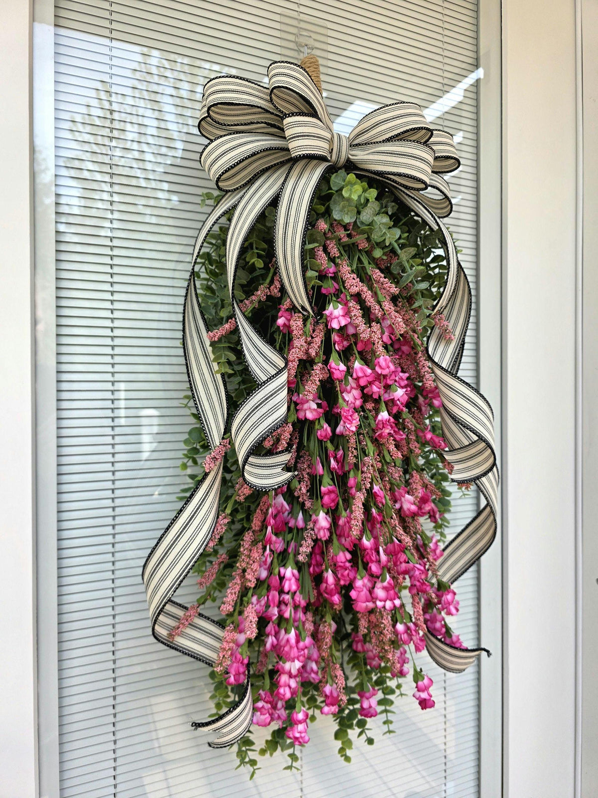 Spring Summer Wreath For Front Door Decor, Outdoor Pink Wildflower Floral Teardrop Swag, Double Door Wreaths, Unique Farmhouse Porch Decor