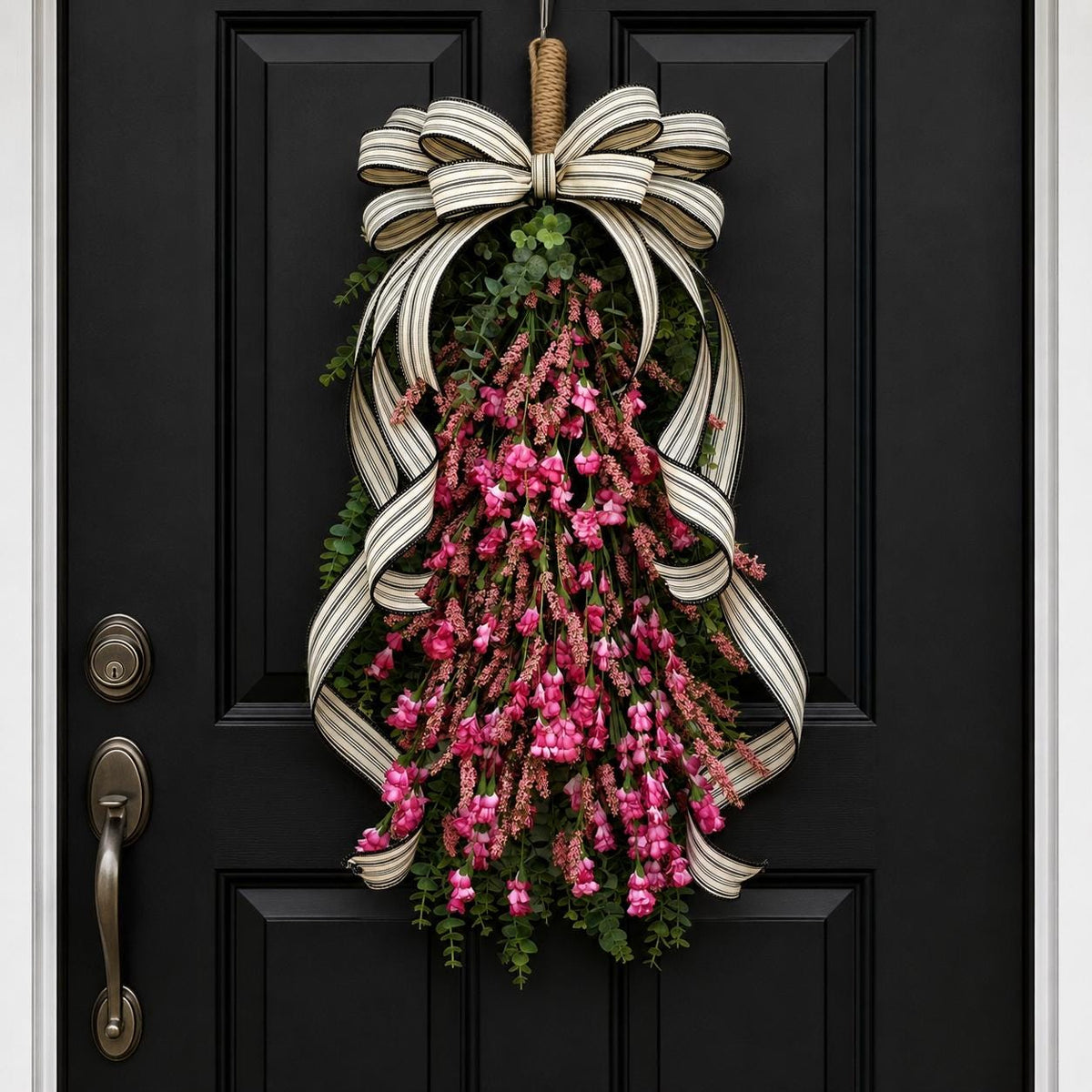 Spring Summer Wreath For Front Door Decor, Outdoor Pink Wildflower Floral Teardrop Swag, Double Door Wreaths, Unique Farmhouse Porch Decor