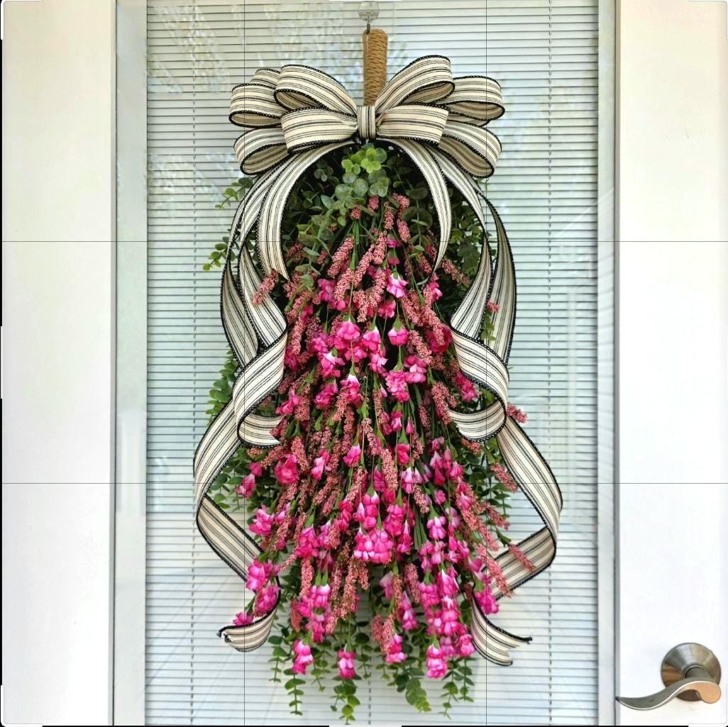 Spring Summer Wreath For Front Door Decor, Outdoor Pink Wildflower Floral Teardrop Swag, Double Door Wreaths, Unique Farmhouse Porch Decor
