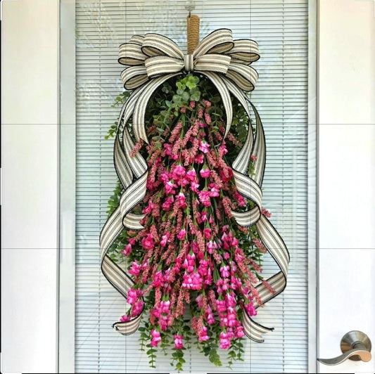 Spring Summer Wreath For Front Door Decor, Outdoor Pink Wildflower Floral Teardrop Swag, Double Door Wreaths, Unique Farmhouse Porch Decor