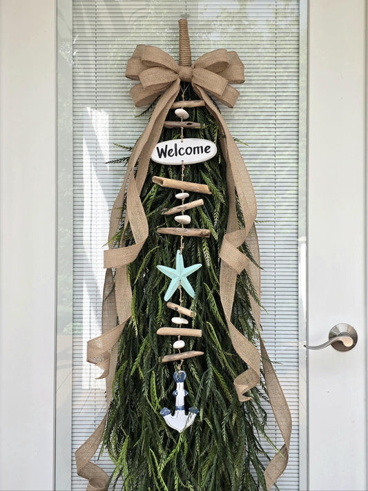 Welcome Nautical Coastal Wreath Swag For Front Door Decor, Double Door Wreaths, Rustic Farmhouse Beach Teardrop Swag, XL Extra Large Decor