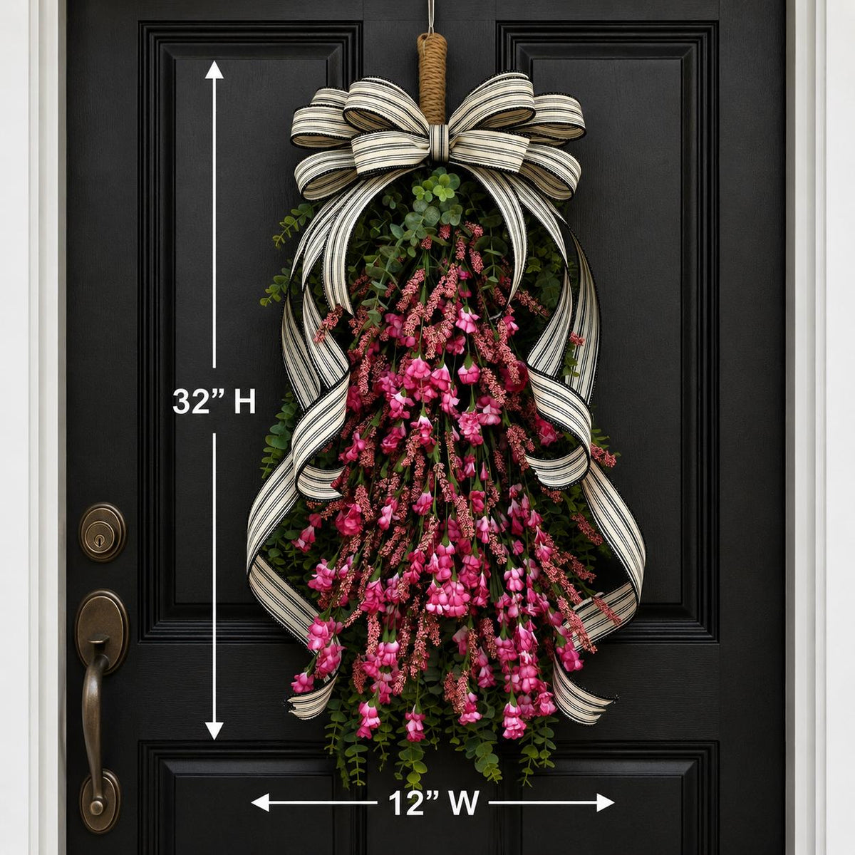 Spring Summer Wreath For Front Door Decor, Outdoor Pink Wildflower Floral Teardrop Swag, Double Door Wreaths, Unique Farmhouse Porch Decor