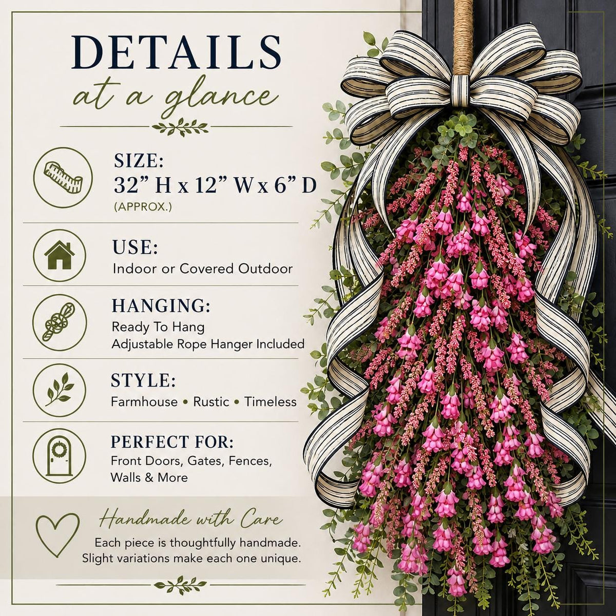 Spring Summer Wreath For Front Door Decor, Outdoor Pink Wildflower Floral Teardrop Swag, Double Door Wreaths, Unique Farmhouse Porch Decor