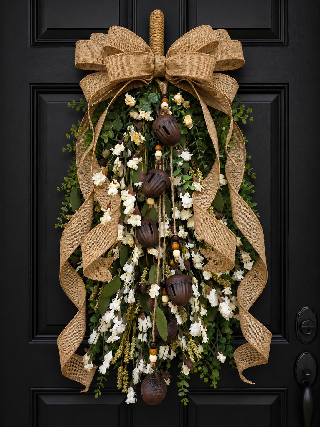 Large Fall Wreath For Front Door Outdoor Double Door Wreaths Autumn Harvest Teardrop Swag Thanksgiving Porch Decor - Wildflowers Acorn Bells