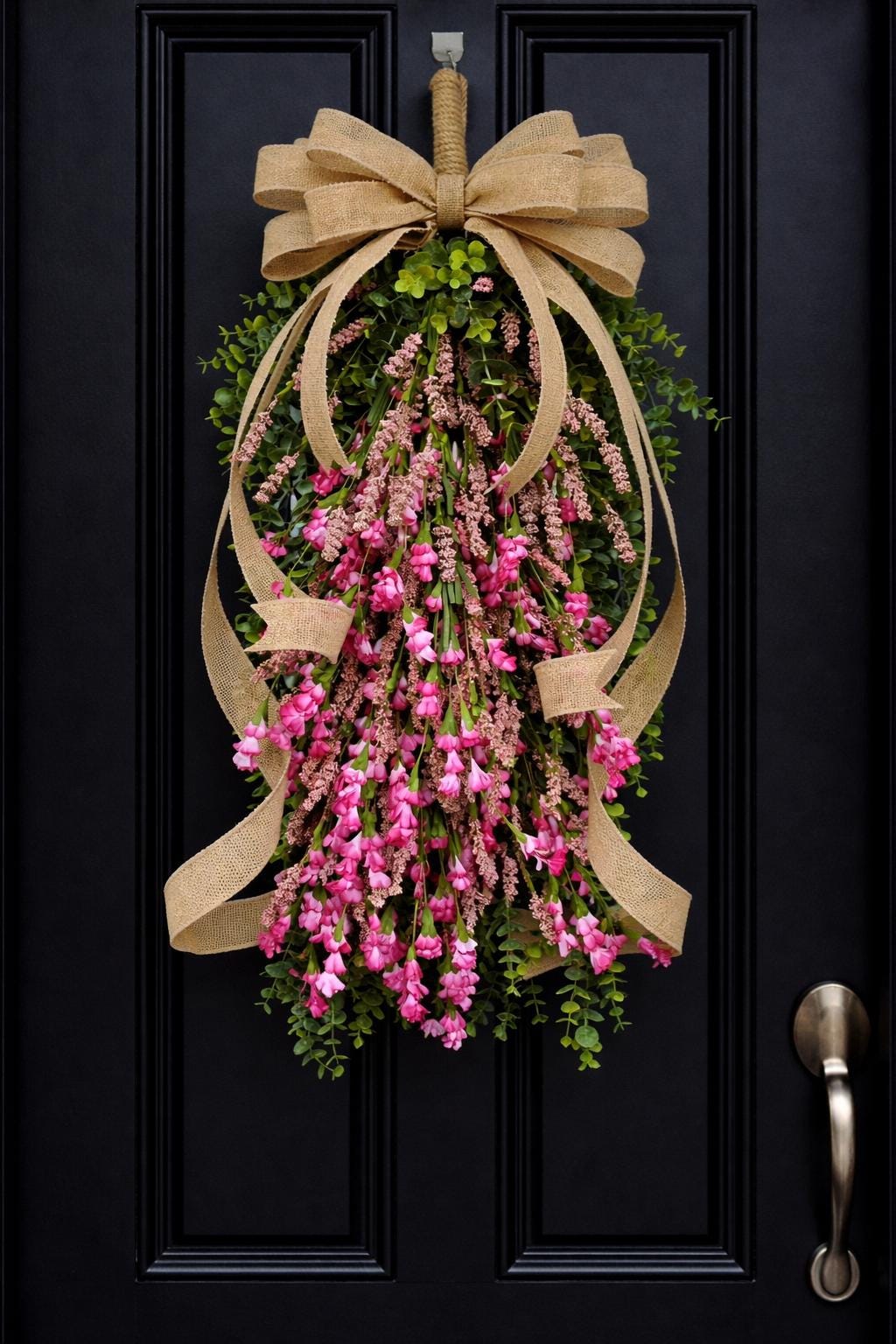 Spring Summer Wreath, Front Door Wreaths, Handmade Pink Floral Teardrop Door Swag, Double Door Wreaths, Outdoor Porch Decor