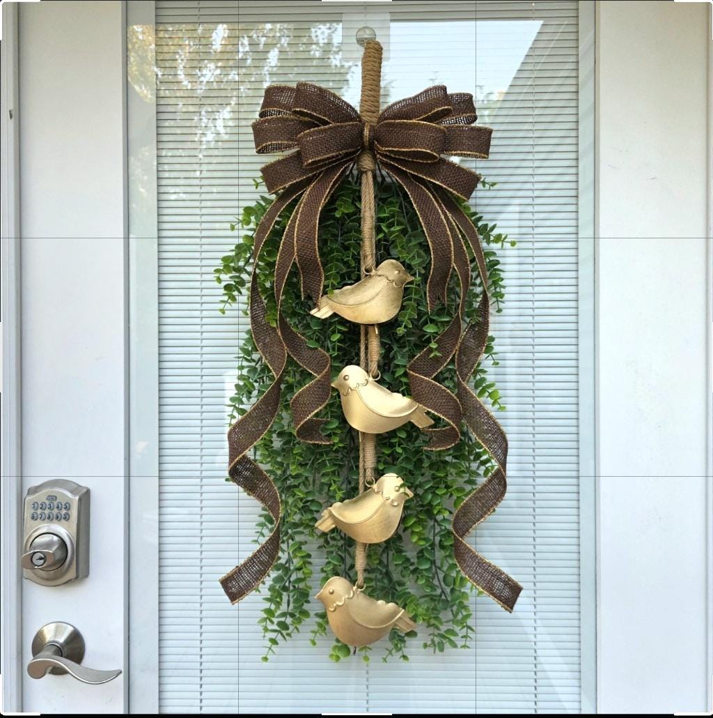 Front Door Wreath, Gold Bird Or Heart Bell Door Hanger, Double Door Wreaths, Farmhouse Porch Decor, Everyday Decor, Outdoor Wreath