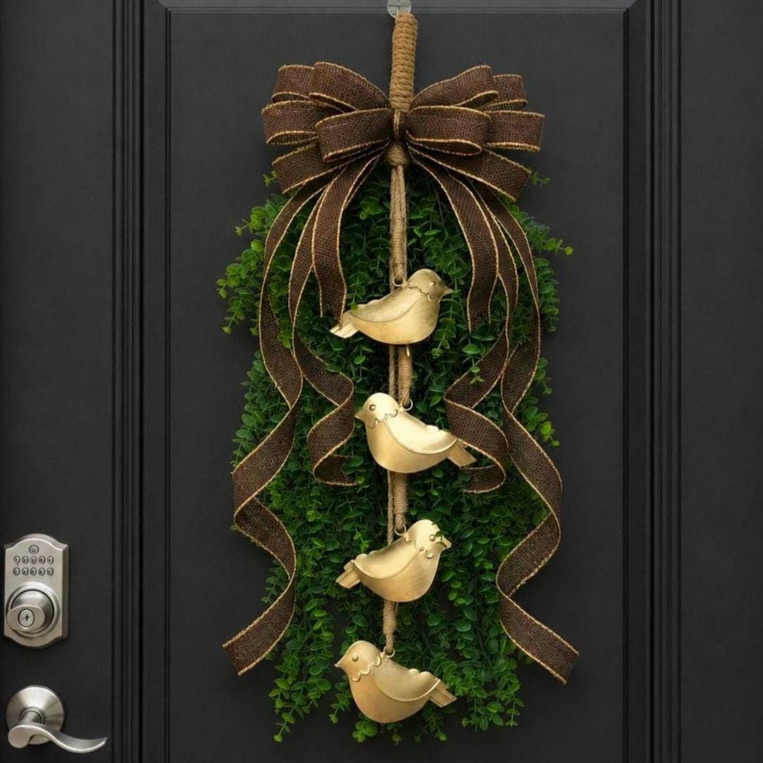 Front Door Wreath, Gold Bird Or Heart Bell Door Hanger, Double Door Wreaths, Farmhouse Porch Decor, Everyday Decor, Outdoor Wreath