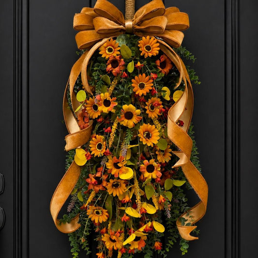 Large Fall Wreath For Front Door Outdoor Sunflower Autumn Teardrop Swag Thanksgiving Decor Double Door Wreaths