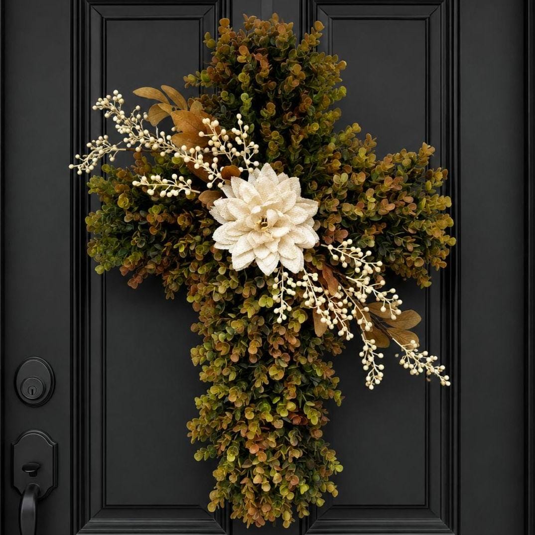 Large Fall Cross Wreath for Front Door Outdoor Christian Decor Autumn Swag Religious Wall Decor Double Door Wreaths Thanksgiving Decoration