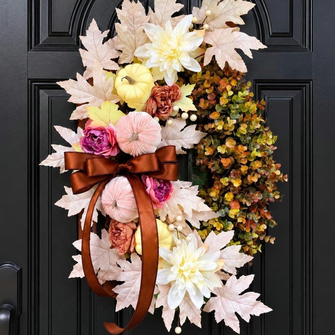 Large Fall Wreath For Front Door Outdoor Autumn Decor Double Doors Wreaths XL Thanksgiving Harvest Porch Decor - Oval Eucalyptus & Pumpkin