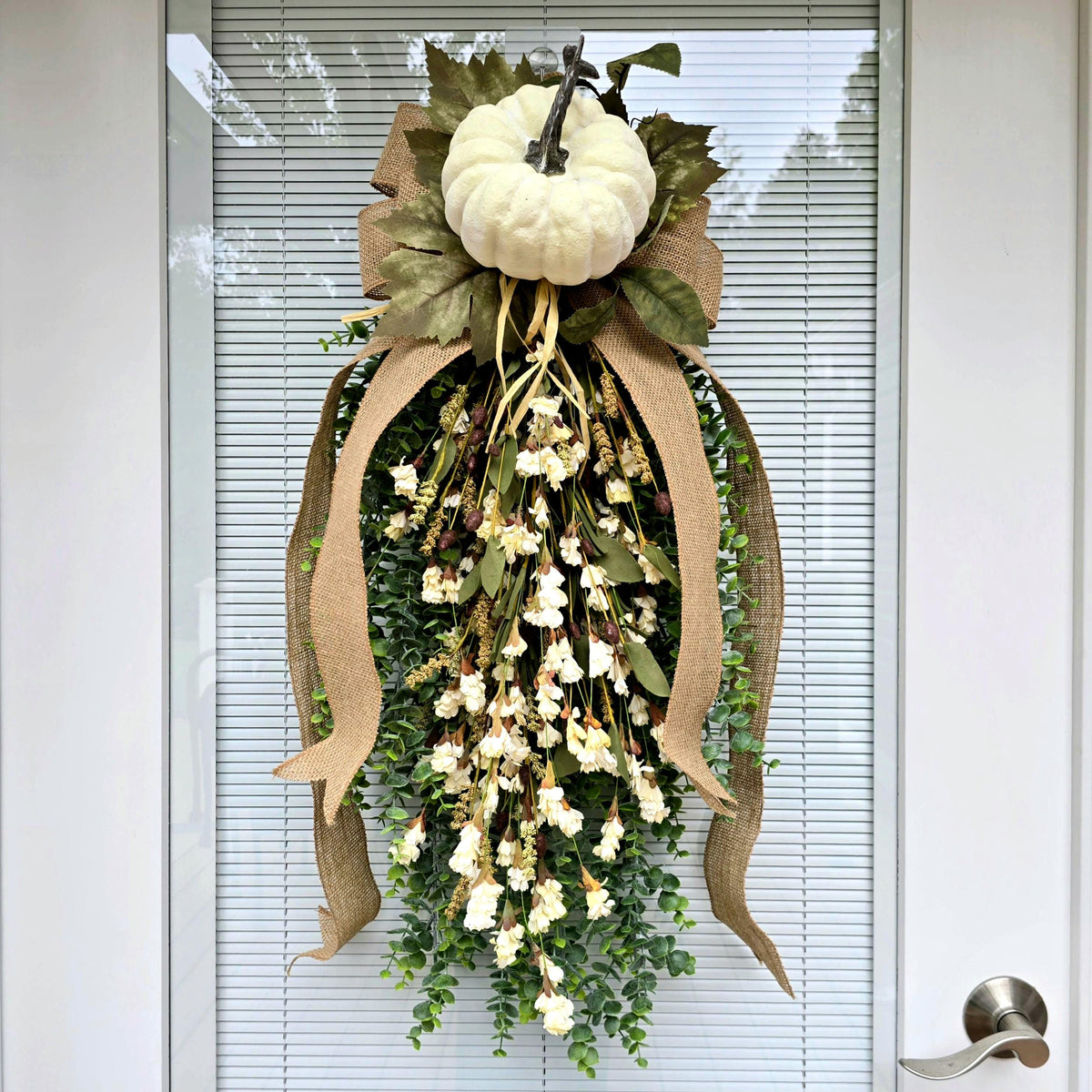 Large Fall Wreath For Front Door Outdoor Autumn Decor Double Door Wreaths Pumpkin Teardrop Swag -Off White Cream Neutral Wildflower Florals