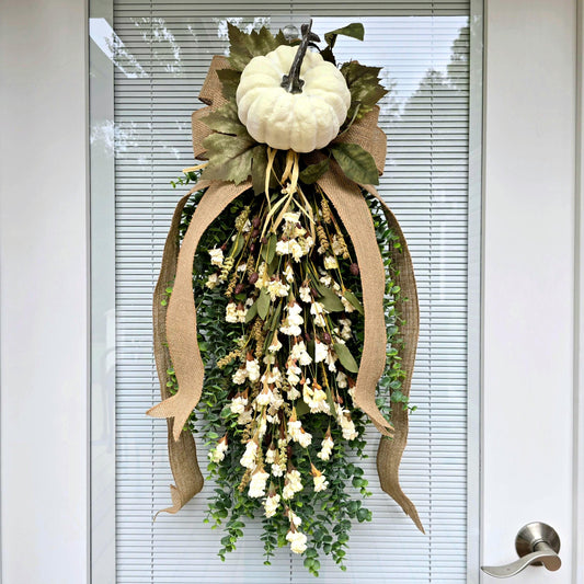 Large Fall Wreath For Front Door Outdoor Autumn Decor Double Door Wreaths Pumpkin Teardrop Swag -Off White Cream Neutral Wildflower Florals
