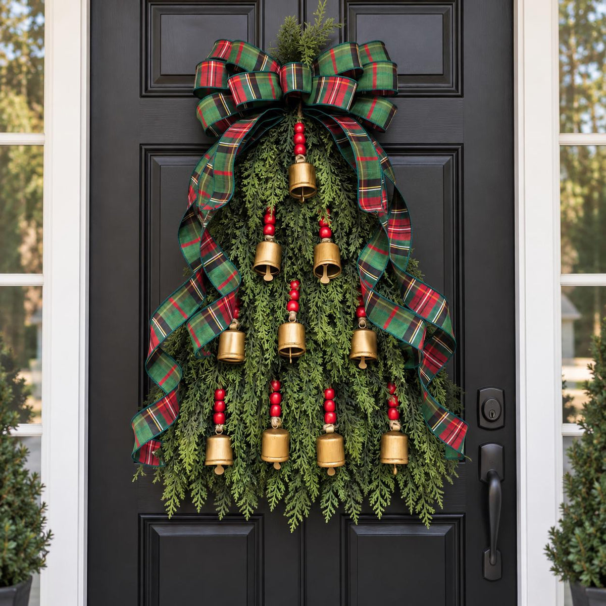 Large Christmas Wreath For Front Door Outdoor Holiday Porch Decor Double Door Wreaths Xmas Teardrop Swag With Gold Bells