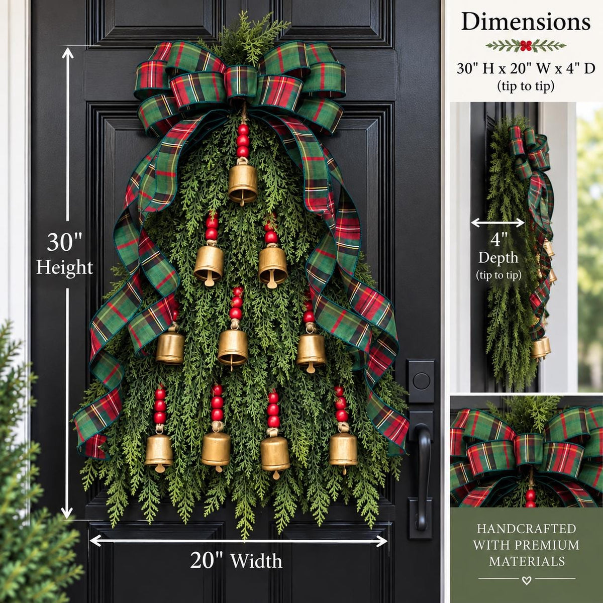 Large Christmas Wreath For Front Door Outdoor Holiday Porch Decor Double Door Wreaths Xmas Teardrop Swag With Gold Bells