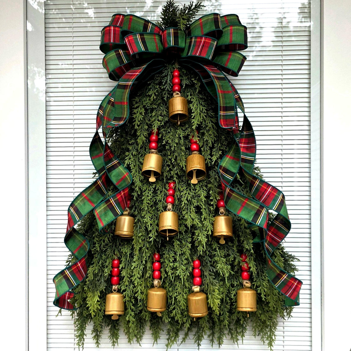 Large Christmas Wreath For Front Door Outdoor Holiday Porch Decor Double Door Wreaths Xmas Teardrop Swag With Gold Bells