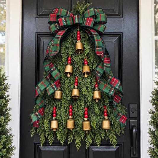 Large Christmas Wreath For Front Door Outdoor Holiday Porch Decor Double Door Wreaths Xmas Teardrop Swag With Gold Bells