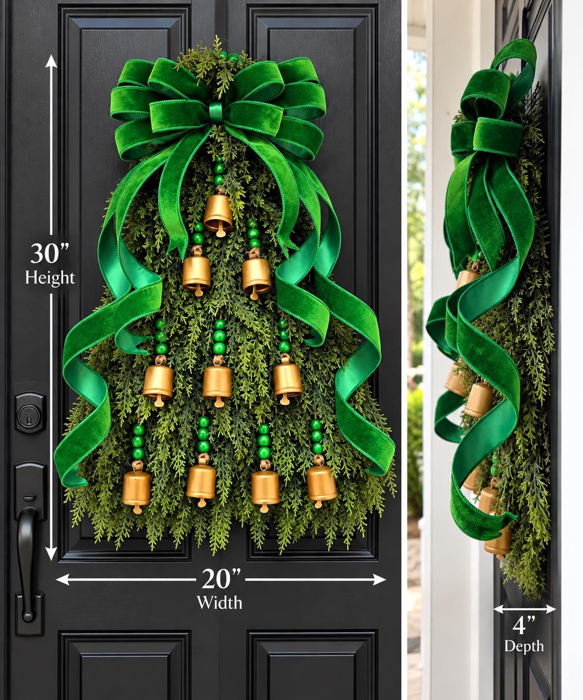 Christmas Wreath For Front Door, Holiday Double Door Wreaths, Indoor Outdoor Xmas Teardrop Swag