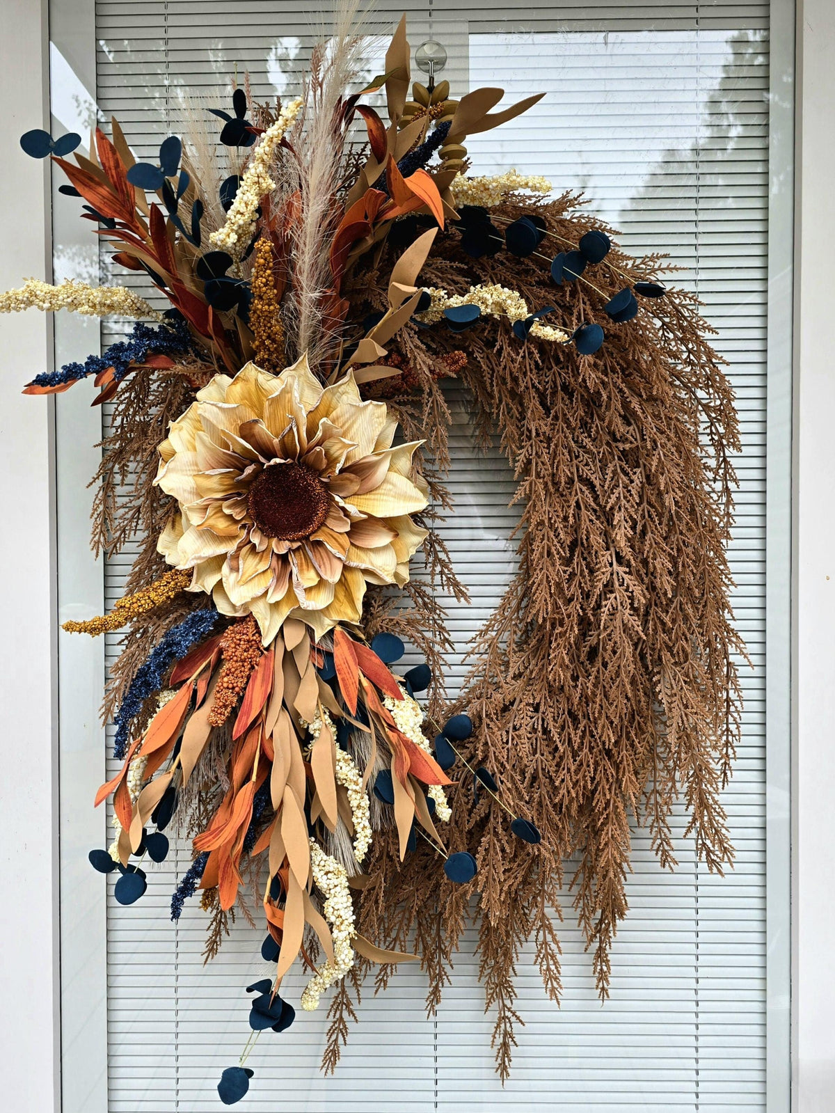 Handcrafted Autumn Sunflower Wreath: Blue, Cream & Orange Fall Decor