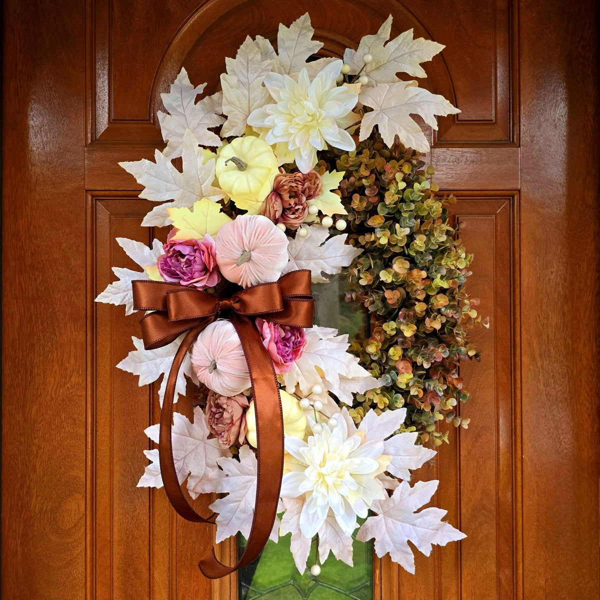 Large Fall Wreath For Front Door Outdoor Autumn Decor Double Doors Wreaths XL Thanksgiving Harvest Porch Decor - Oval Eucalyptus & Pumpkin