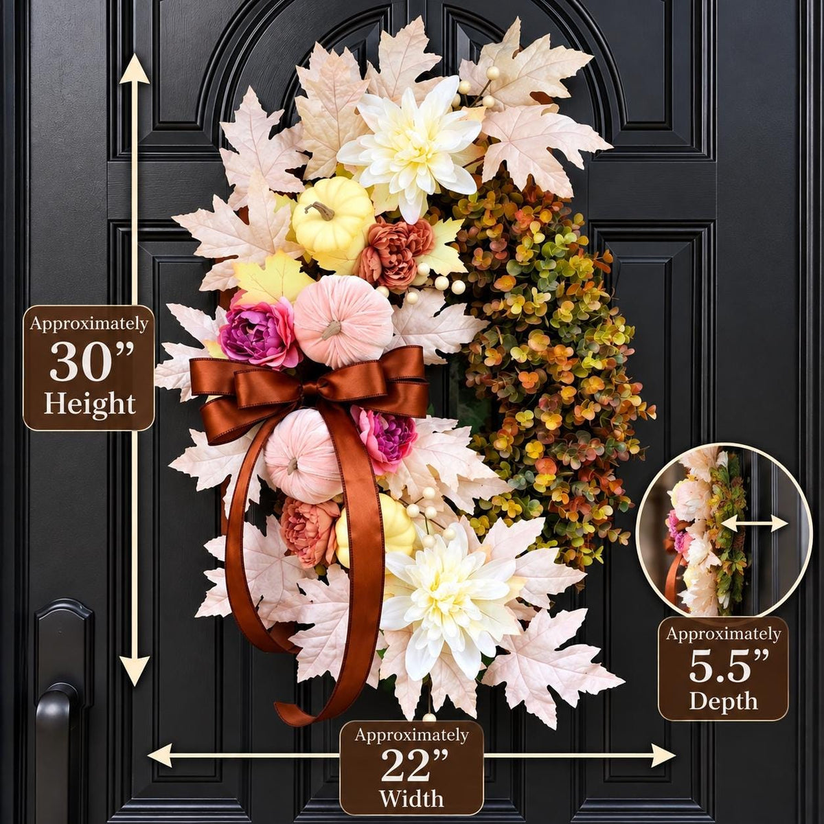 Large Fall Wreath For Front Door Outdoor Autumn Decor Double Doors Wreaths XL Thanksgiving Harvest Porch Decor - Oval Eucalyptus & Pumpkin