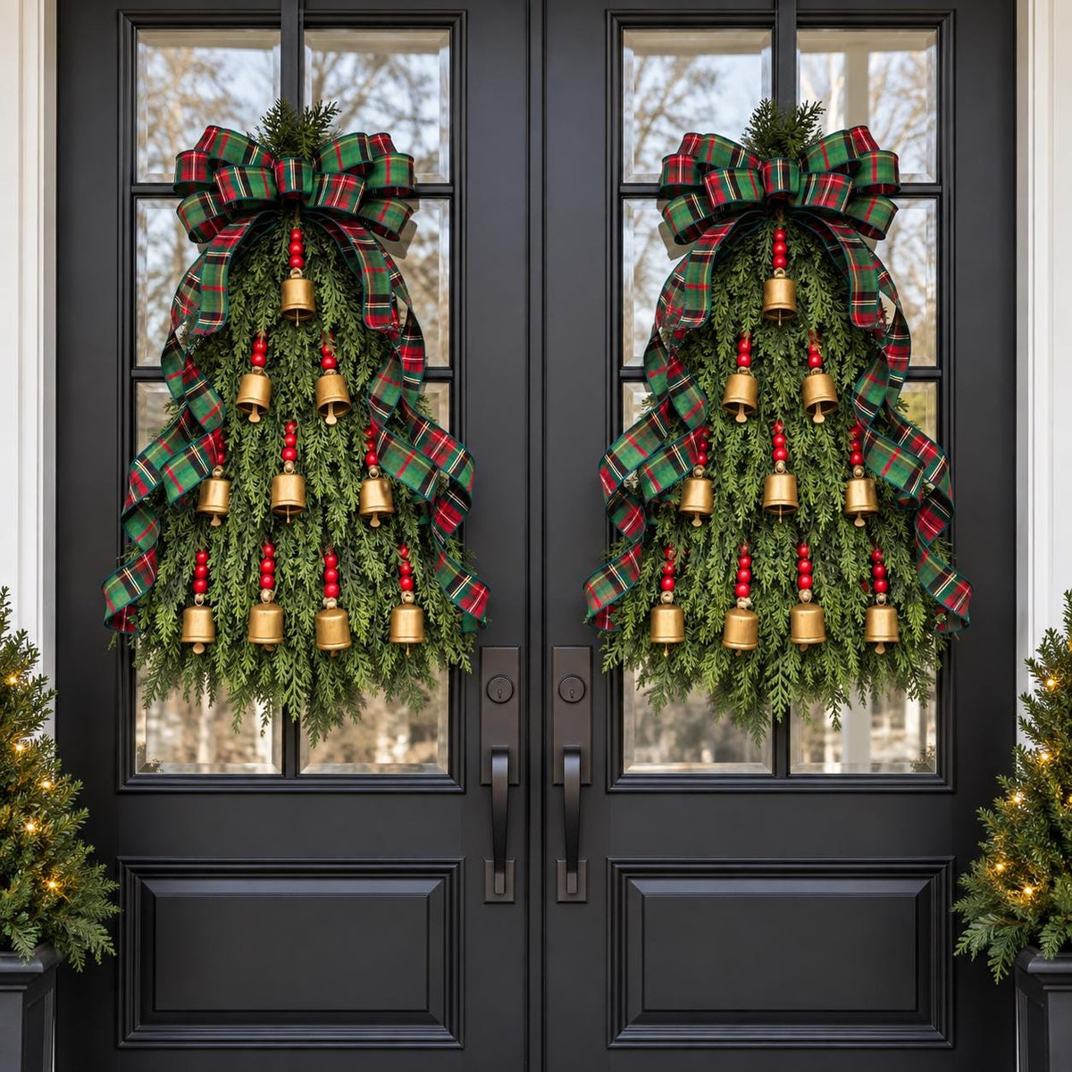 Large Christmas Wreath For Front Door Outdoor Holiday Porch Decor Double Door Wreaths Xmas Teardrop Swag With Gold Bells