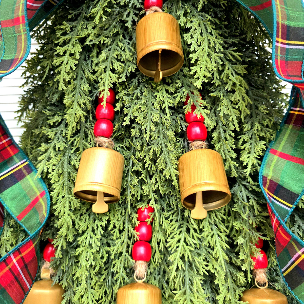 Large Christmas Wreath For Front Door Outdoor Holiday Porch Decor Double Door Wreaths Xmas Teardrop Swag With Gold Bells