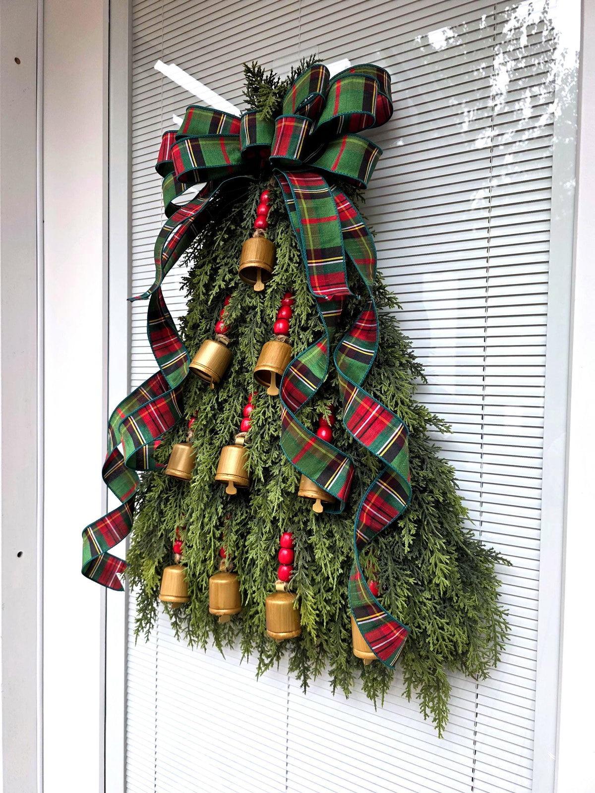 Large Christmas Wreath For Front Door Outdoor Holiday Porch Decor Double Door Wreaths Xmas Teardrop Swag With Gold Bells
