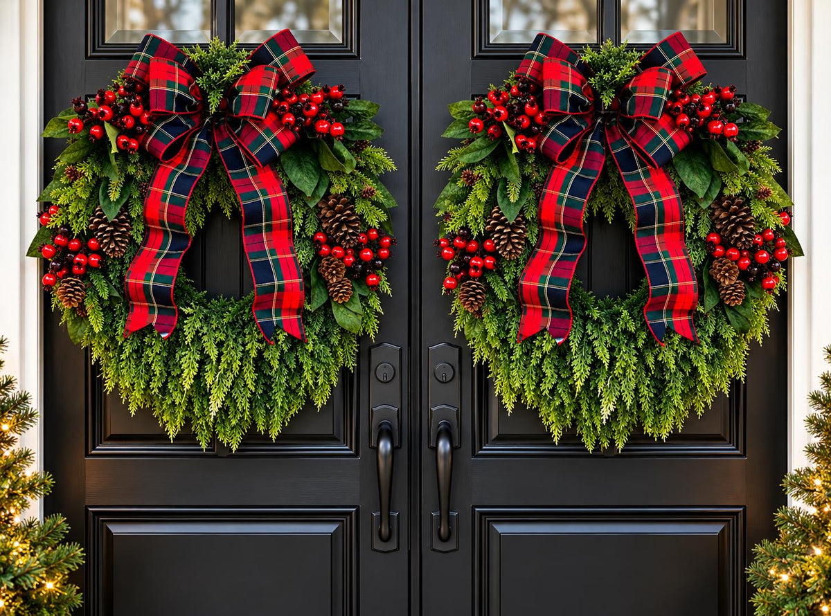 XL Christmas Wreath for Front Door Extra Large Red Berry Xmas Grapevine Cedar Double Door Wreaths Traditional Holiday Porch Decor