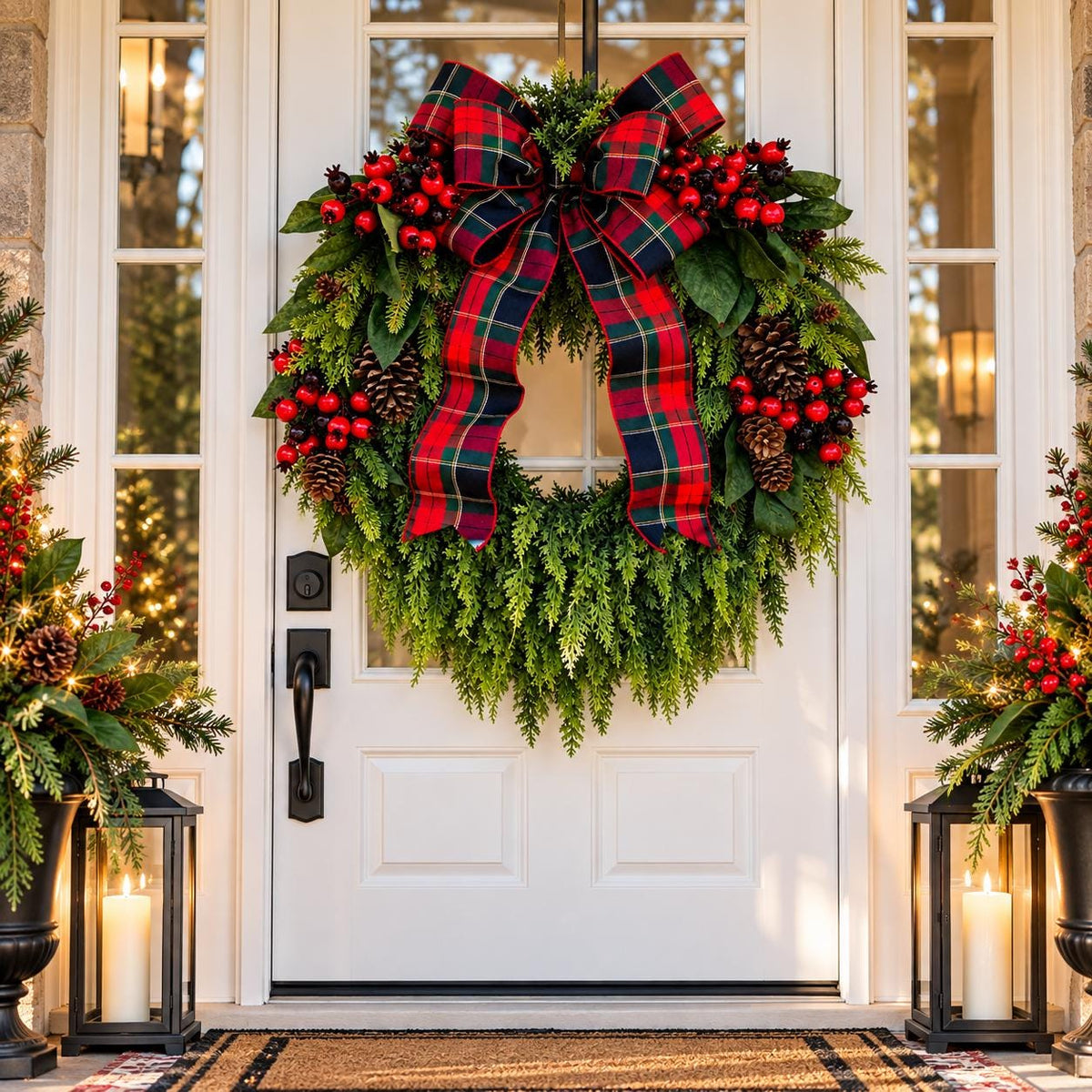 XL Christmas Wreath for Front Door Extra Large Red Berry Xmas Grapevine Cedar Double Door Wreaths Traditional Holiday Porch Decor