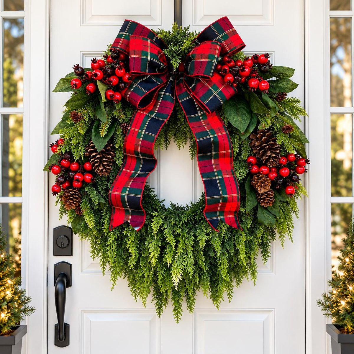 XL Christmas Wreath for Front Door Extra Large Red Berry Xmas Grapevine Cedar Double Door Wreaths Traditional Holiday Porch Decor
