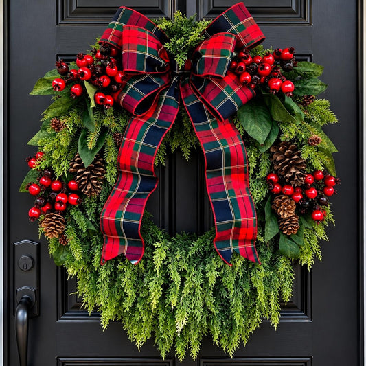 XL Christmas Wreath for Front Door Extra Large Red Berry Xmas Grapevine Cedar Double Door Wreaths Traditional Holiday Porch Decor
