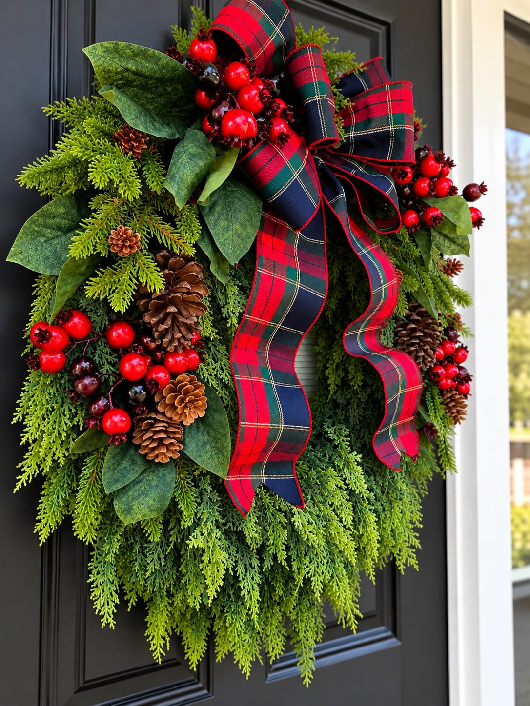 XL Christmas Wreath for Front Door Extra Large Red Berry Xmas Grapevine Cedar Double Door Wreaths Traditional Holiday Porch Decor