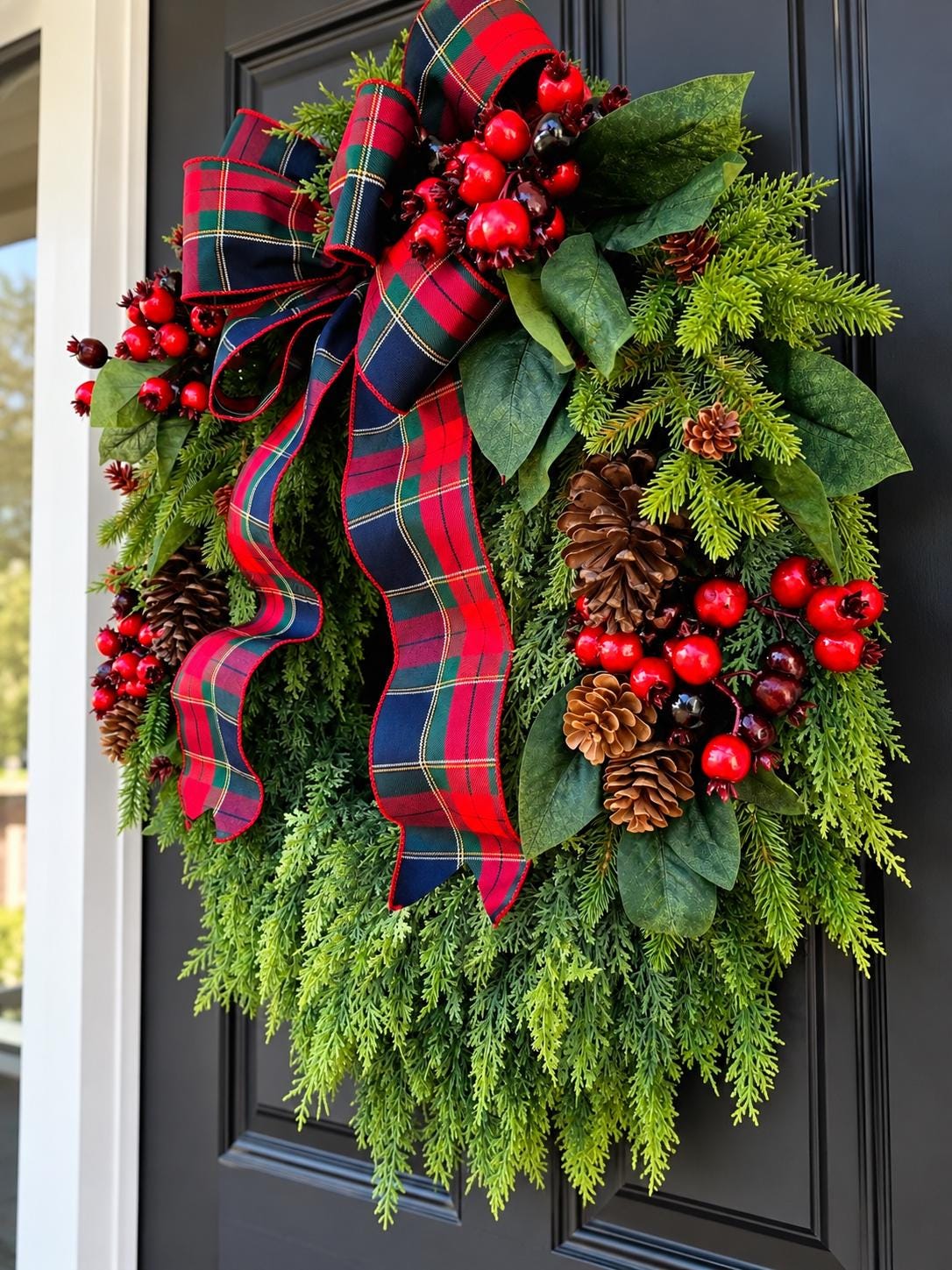 XL Christmas Wreath for Front Door Extra Large Red Berry Xmas Grapevine Cedar Double Door Wreaths Traditional Holiday Porch Decor
