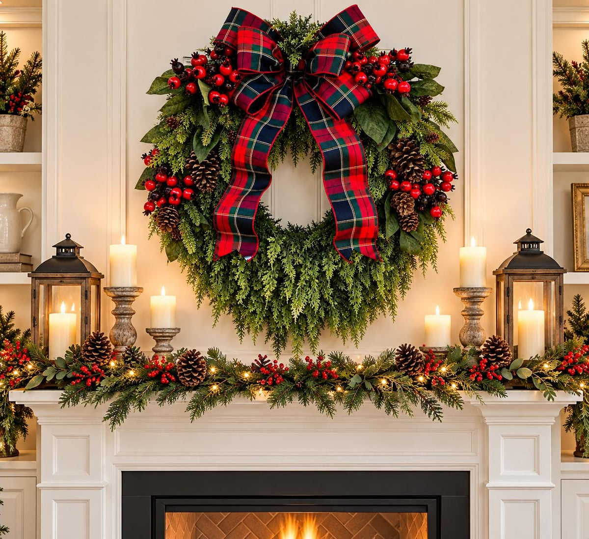 XL Christmas Wreath for Front Door Extra Large Red Berry Xmas Grapevine Cedar Double Door Wreaths Traditional Holiday Porch Decor