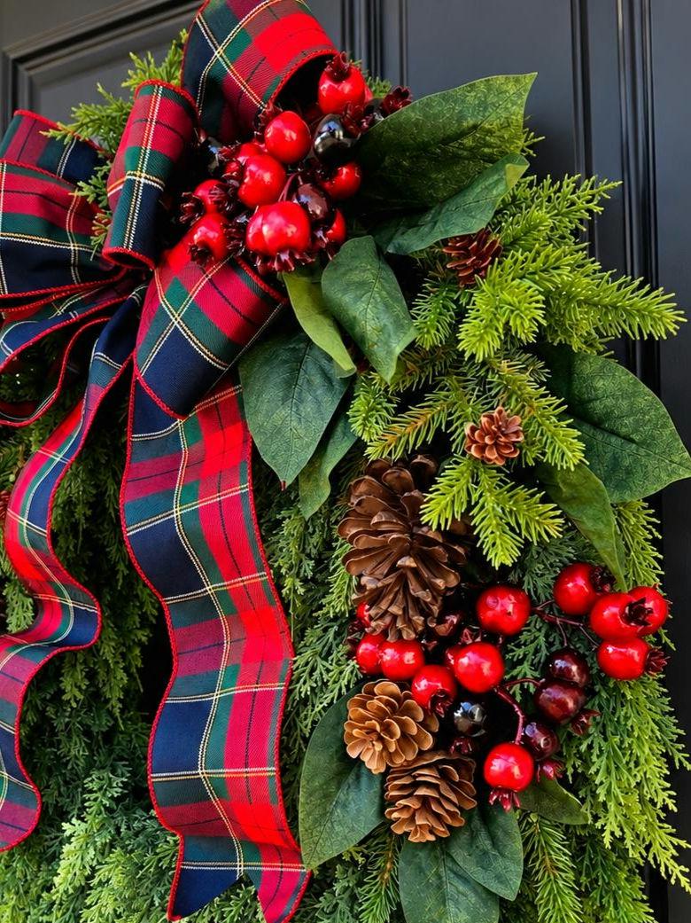 XL Christmas Wreath for Front Door Extra Large Red Berry Xmas Grapevine Cedar Double Door Wreaths Traditional Holiday Porch Decor