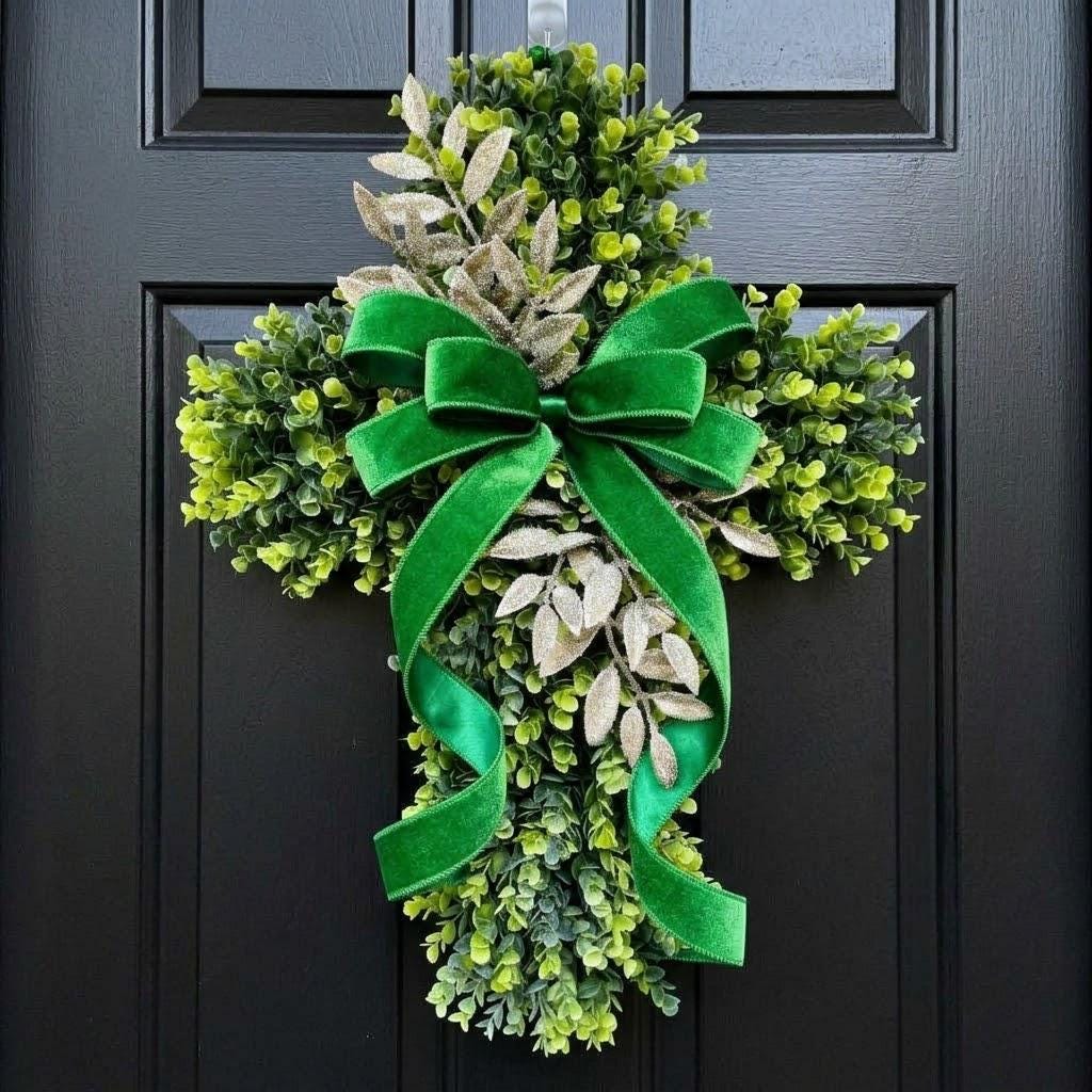 Christmas Cross Wreath for Front Door, Teardrop Swag, Christian Christmas Decor, Religious Door Wreath, Double Door Wreaths