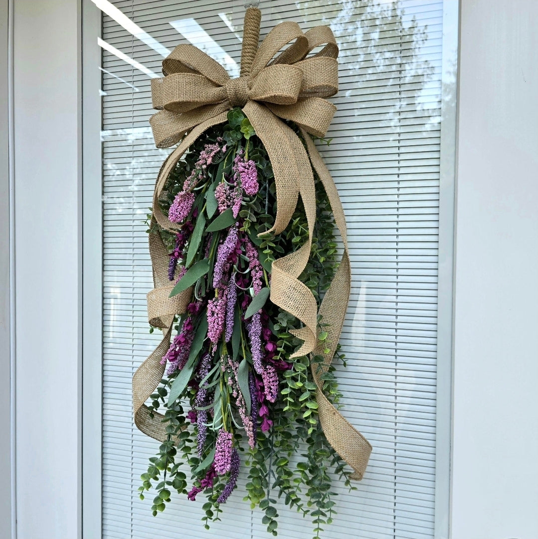 Eucalyptus Lavender Teardrop Swag | Handmade Front Door Wreath with Rustic Burlap Bow