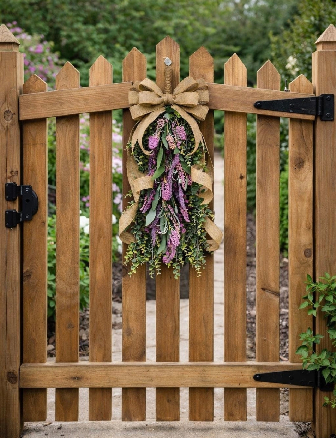 Eucalyptus Lavender Teardrop Swag | Handmade Front Door Wreath with Rustic Burlap Bow