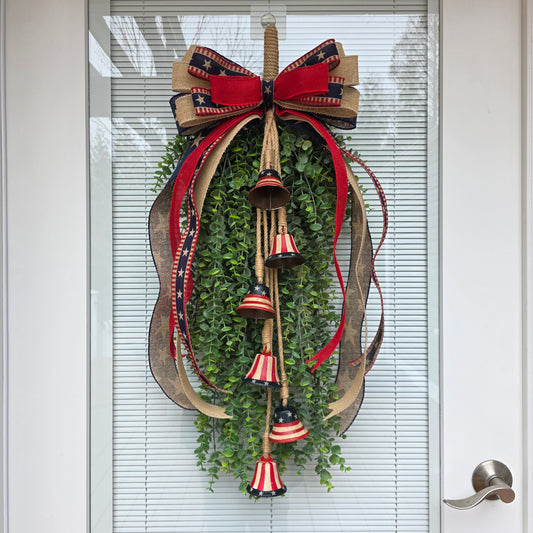 Patriotic Wreath Swag For Front Door Decor, Memorial Day, Fourth Of July, July 4th, Labor Day, USA Americana Flag Bells Decoration, Housewarming Gift