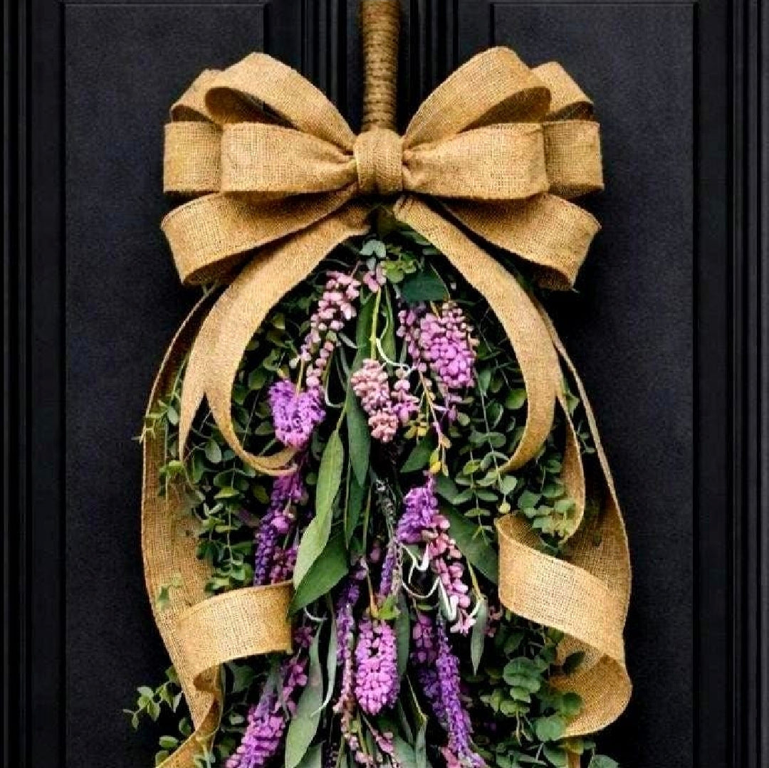 Eucalyptus Lavender Teardrop Swag | Handmade Front Door Wreath with Rustic Burlap Bow