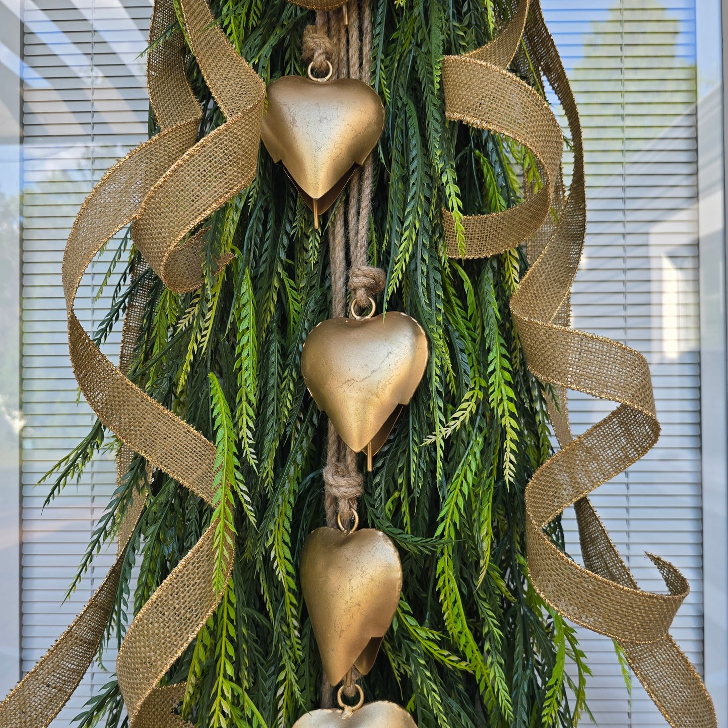 Year Round Wreath, Extra Large Door Swag, Everyday Wreath, Greenery Teardrop Swag With Gold Heart Bells