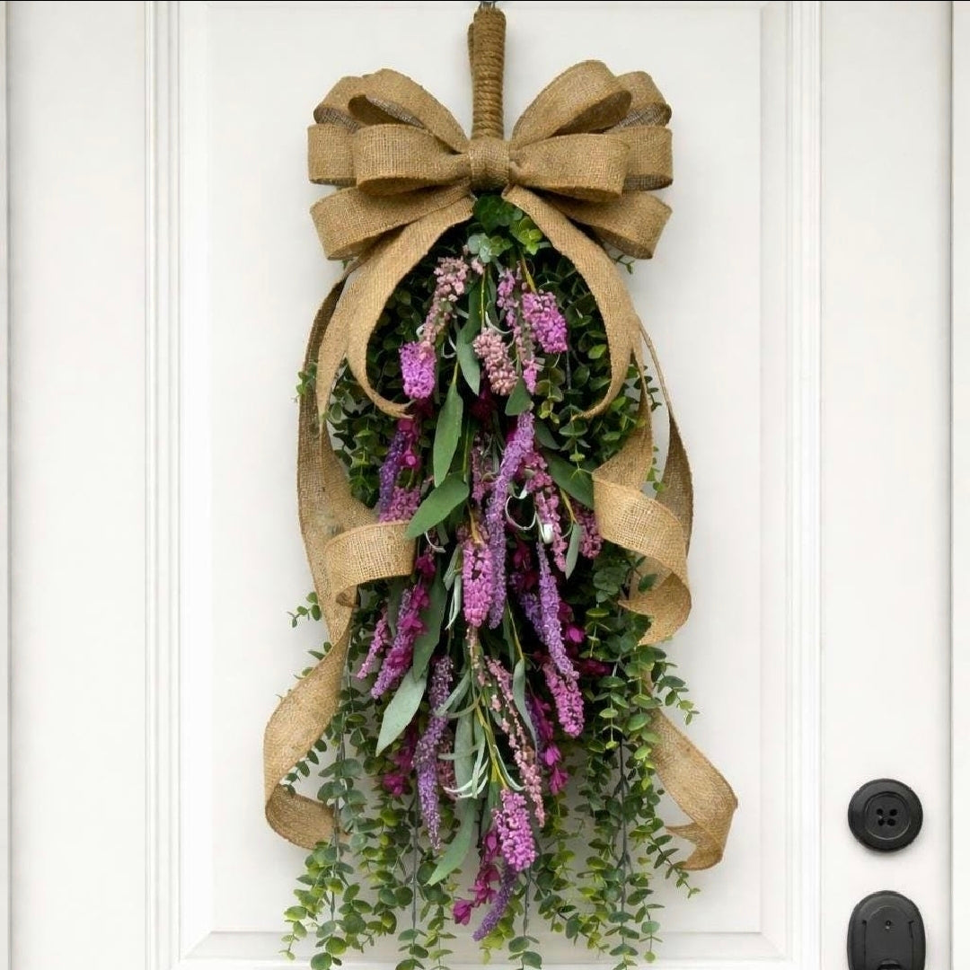 Eucalyptus Lavender Teardrop Swag | Handmade Front Door Wreath with Rustic Burlap Bow
