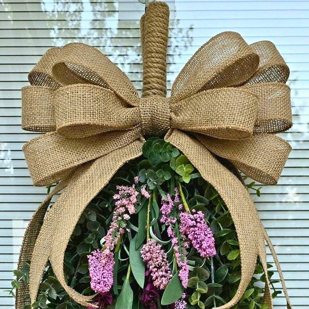 Eucalyptus Lavender Teardrop Swag | Handmade Front Door Wreath with Rustic Burlap Bow