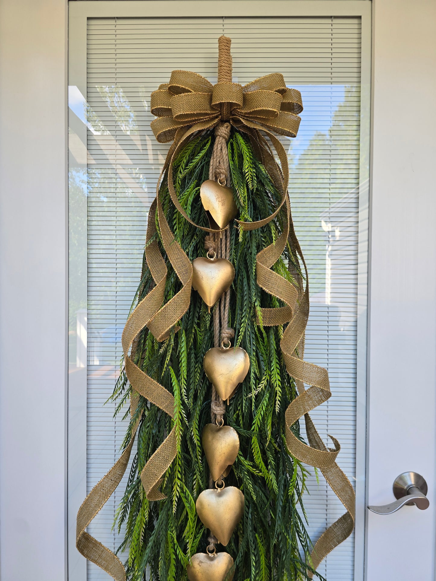 Year Round Wreath, Extra Large Door Swag, Everyday Wreath, Greenery Teardrop Swag With Gold Heart Bells