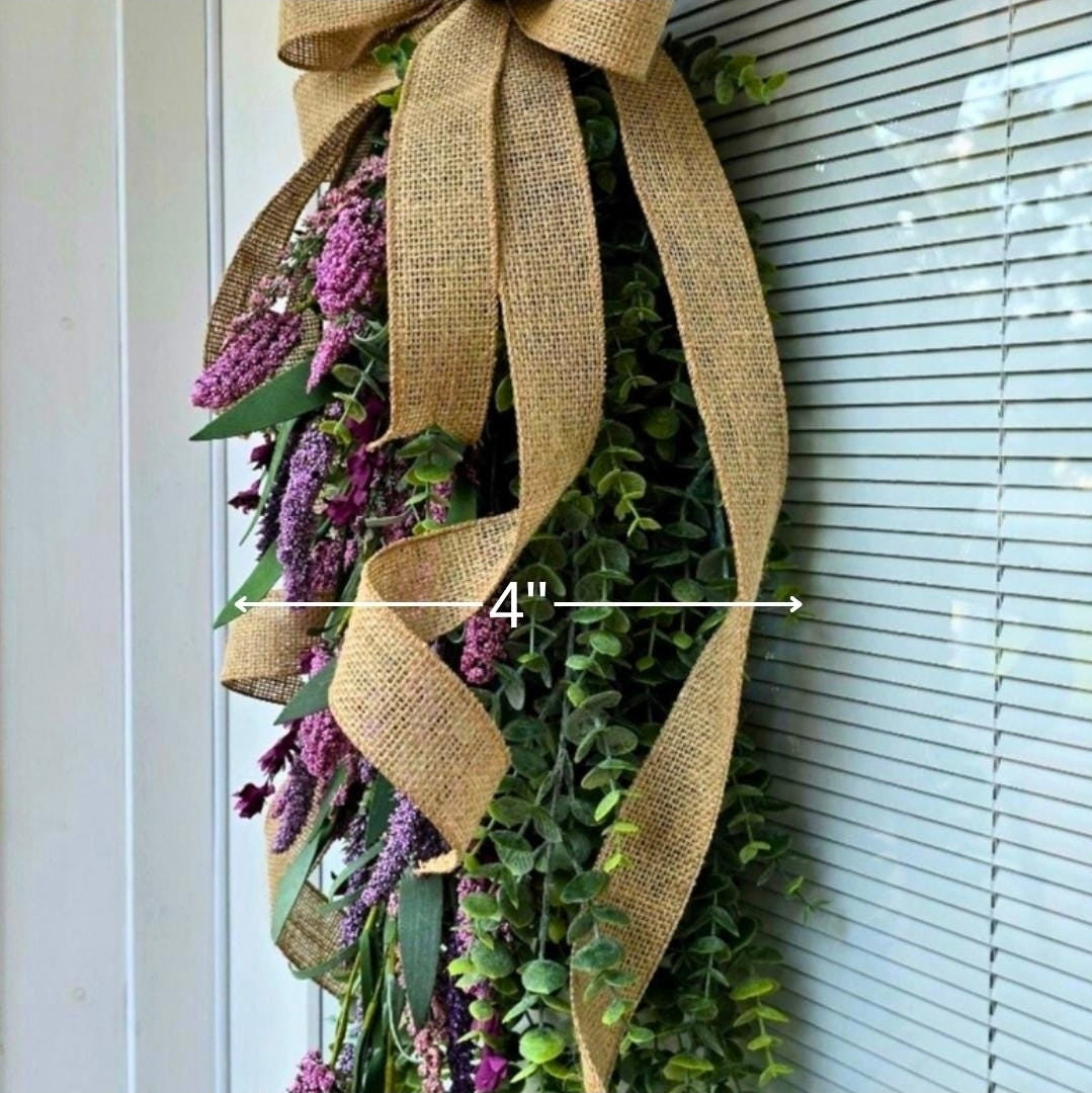 Eucalyptus Lavender Teardrop Swag | Handmade Front Door Wreath with Rustic Burlap Bow